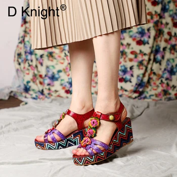 

Handmade Rose Women Wedges Platform Sandals Pattern Flower Wedges Shoes For Woman Genuine Leather Sandalias femme Mujer 2019 New