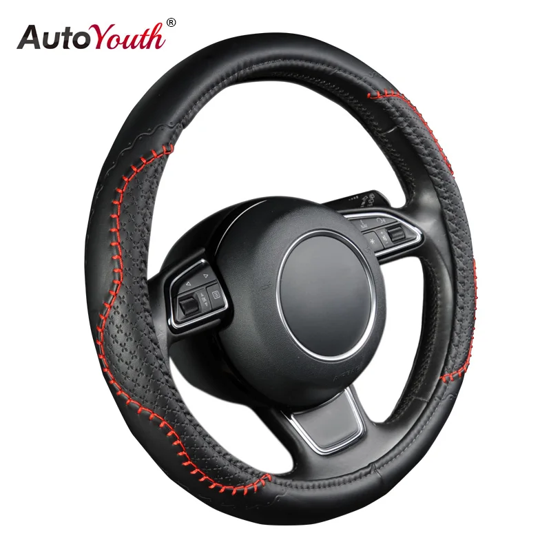 AUTOYOUTH Fashion PU Leather Steering Wheel Cover Fits 38cm/15 inch Diameter Hot Sale Red Wavy Bold Line Splice X-stitch Pattern AUTOYOUTH Fashion PU Leather Steering Wheel Cover Fits 38cm/15 inch Diameter Hot Sale Red Wavy Bold Line Splice X-stitch Pattern