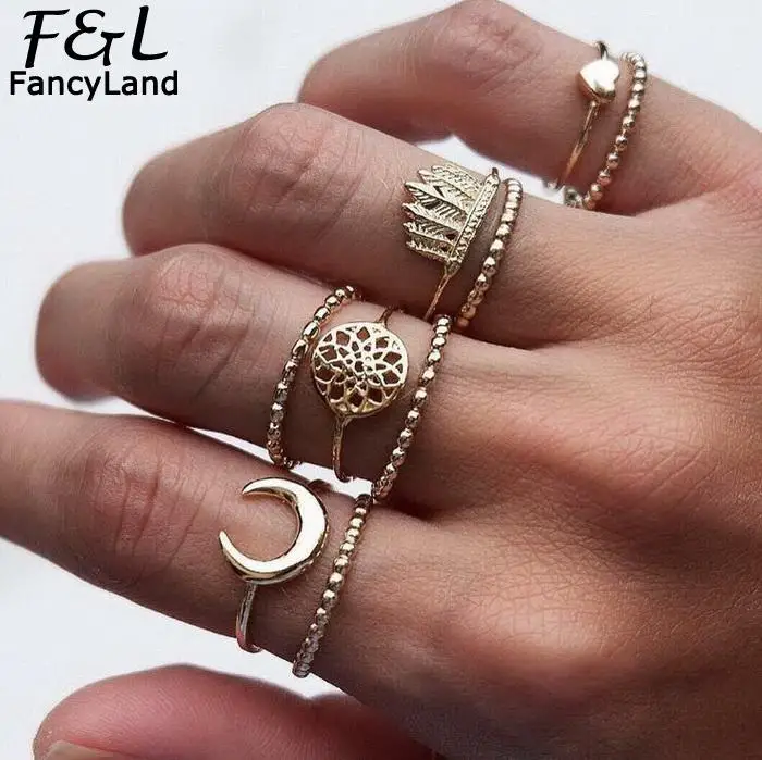 Modyle 9 pc/set Bohemian Gold Color Flower Rings Set for Women Geometric Alloy Knuckle Midi Rings Boho Jewelry