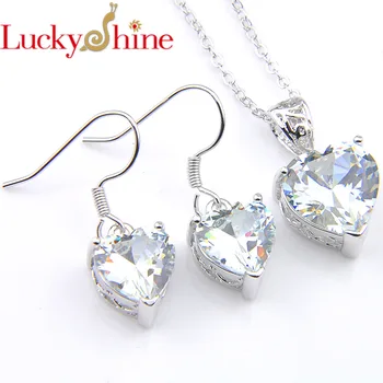 安い Luckyshin ブライダルジュエリーセット女性のための 8 色ハートペリドットジルコン宝石シルバーペンダントネックレスフックイヤリングチャームジュエリー