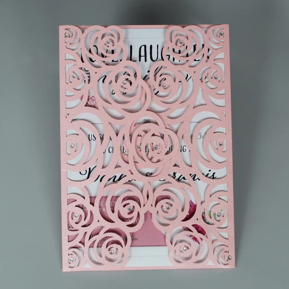  Pink Wedding Invitation Laser Cut Rose Wedding Invite Romantic Invitation Cards With Envelopes - Se - 32918754635