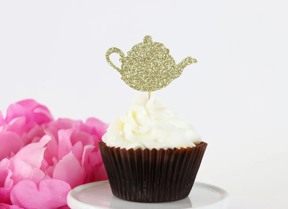 

20pcs Alice in Wonderland teapot Glittery Tea Party Cupcake Toppers Teapot Cupcake Toppers, Tea Party Themed Baby Shower