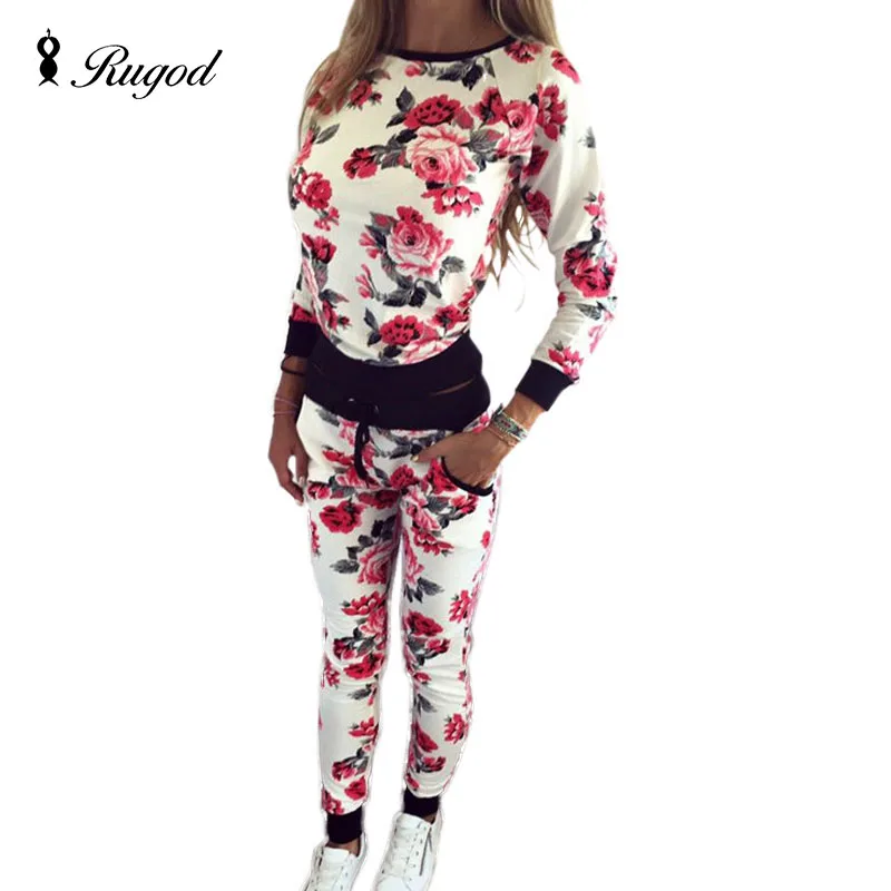 

2019 Hot Sale Sweatshirt Floral Print Tracksuit Womens Autumn O-Neck Pullover Tops + Long Pants 2 Piece Set Women Sportswear