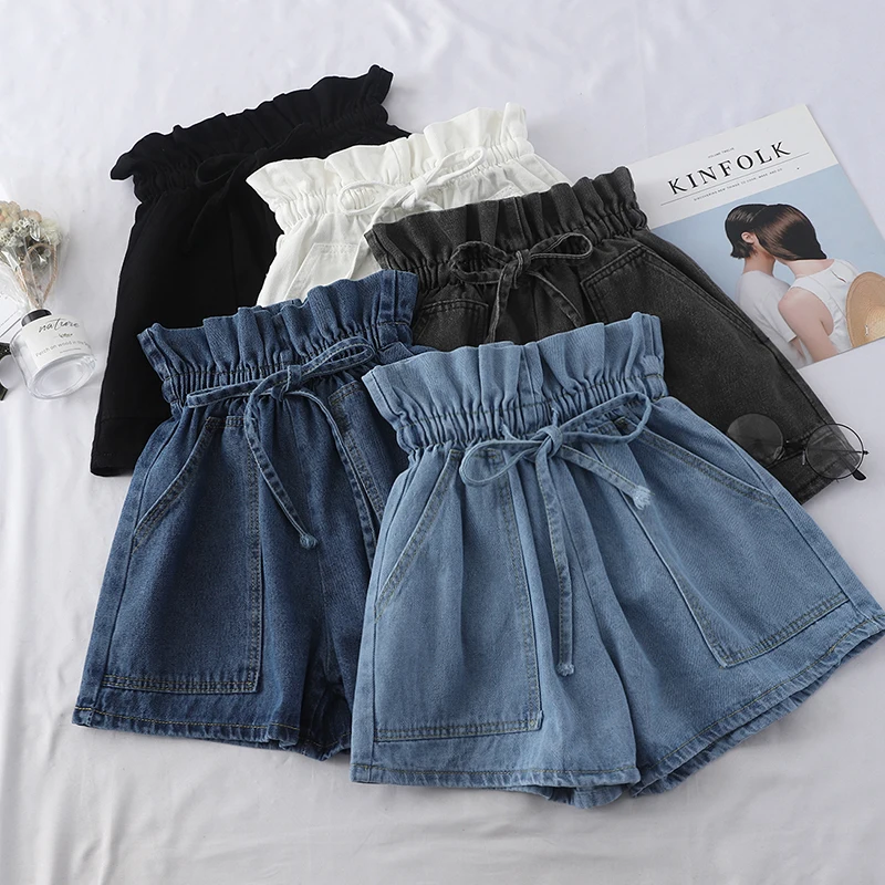 

2019 Summer High Waist Denim Shorts Women Casual Loose Ladies Vintage Lace-up Elastic Waist Pocket Blue White Black Jeans Female