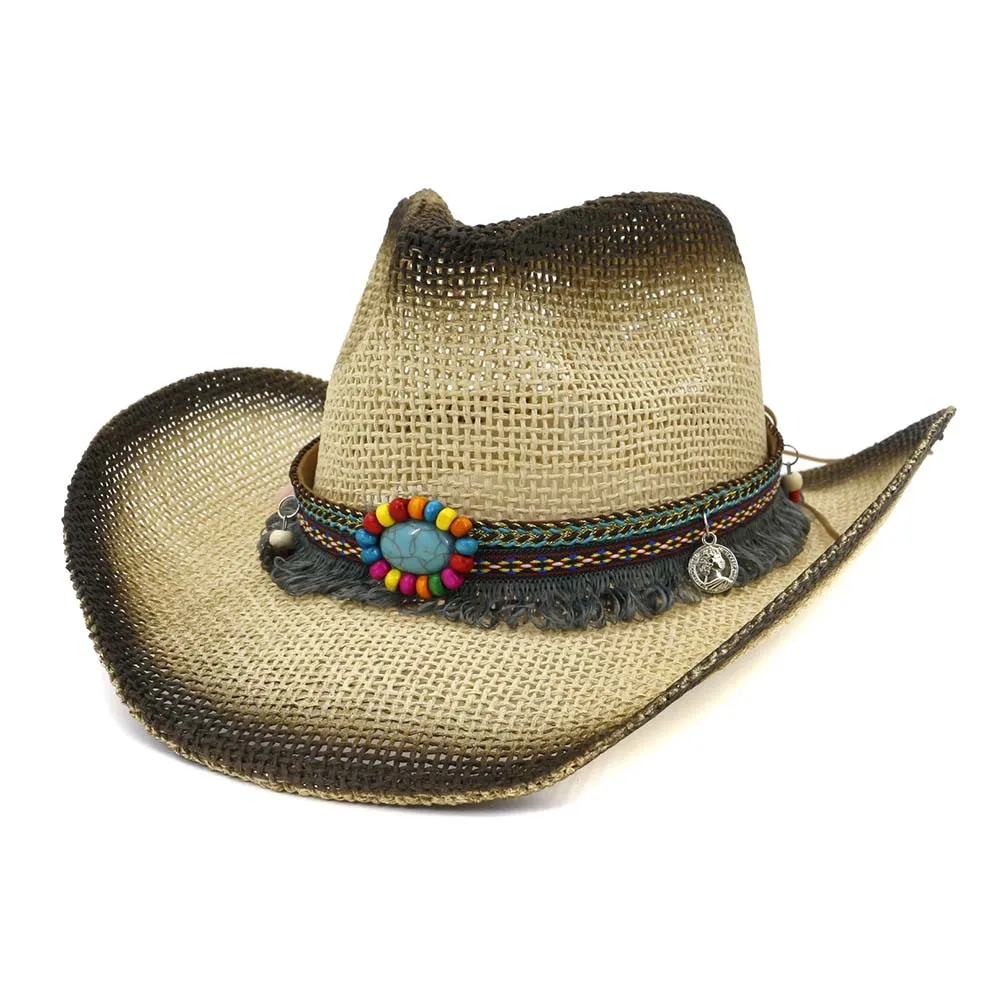 QIUBOSS летняя уличная пляжная соломенная шляпа с черным напылением унисекс для женщин Панама Стиль ковбойские шляпы для женщин Большие Полями Sunhat