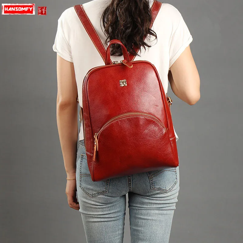 

New first layer leather Women shoulder bag female 13" laptop backpack vintage Large capacity college wind girl school backpacks