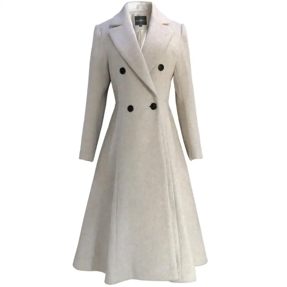

2018 New Fashion Long Winter wool blends Coat Women Turn-down Collar Slim Double Breasted slim woolen coat