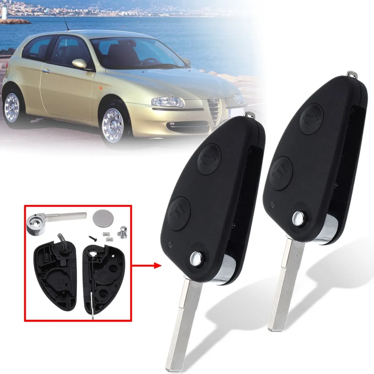 2pcs 2 Buttons Open Trunk Car Remote Key Fob Case Shell With Battery