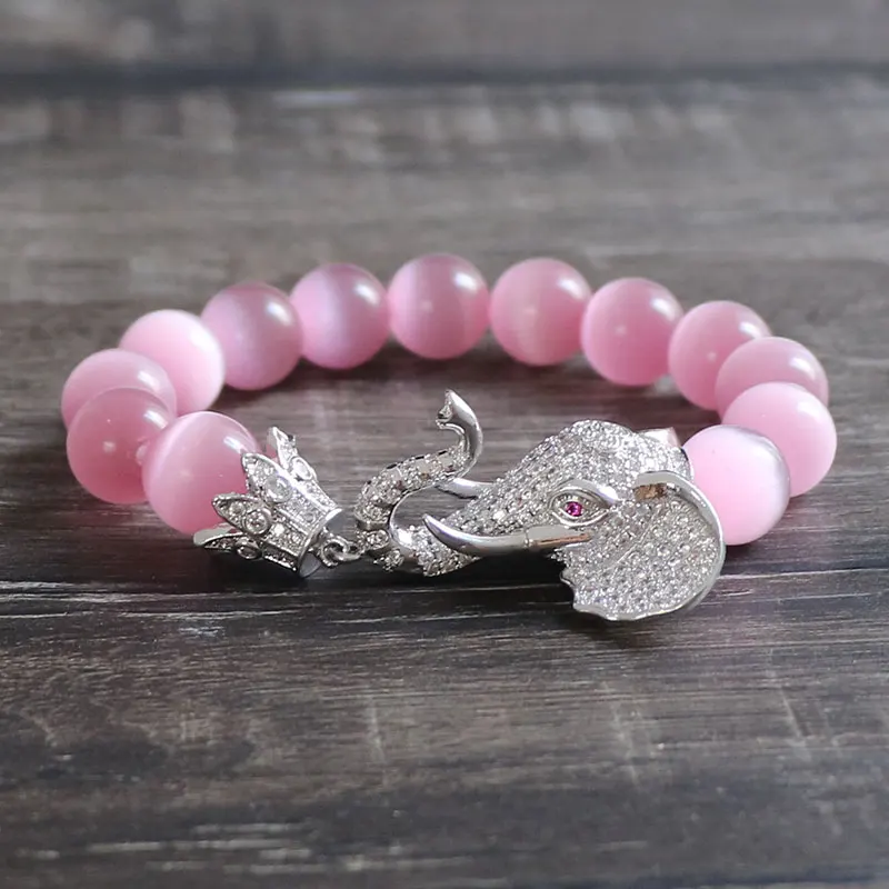 

New Design Women Beads Chain Link Bracelet 4 Colors Silver Elephant Micro Zircon Charm 10mm Pink Cat Eye Stone Bracelet Female