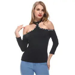 Модные Для женщин s сексуальный топ с длинными рукавами Дизайн Off Shouleder футболка Для женщин 2018 бриллиантами футболка бусы Холтер Топы