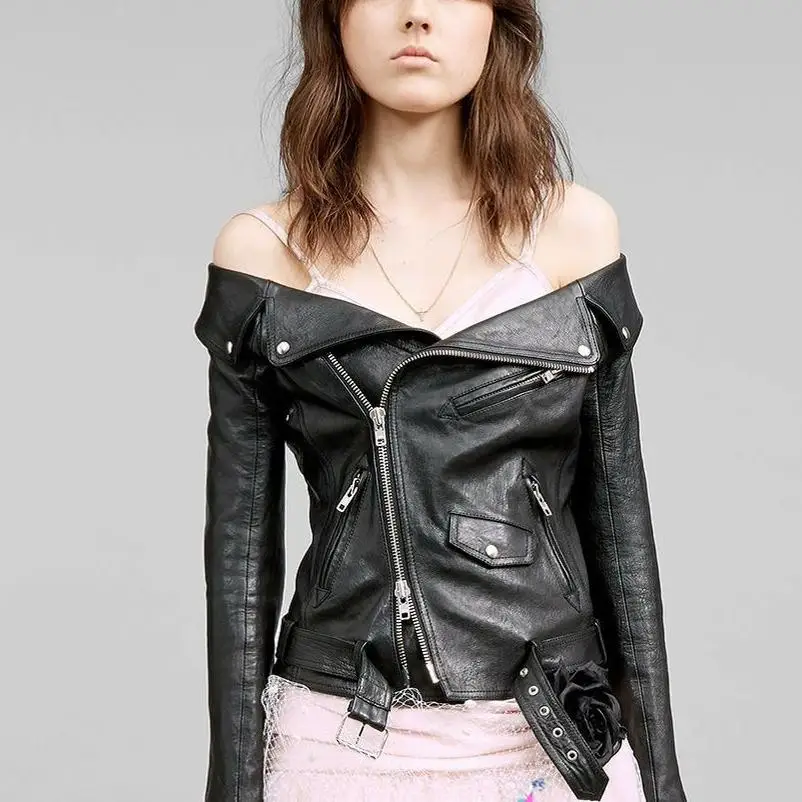 

2019 Spring New Women Sexy Off Shoulder Short Sheepskin Genuine Leather Jacket Slim Fit Punk Coat Motorycle Leather Jackets 2XL