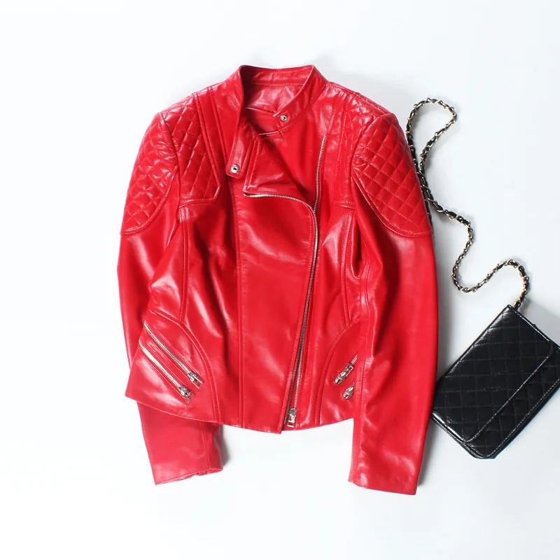Autumn Genuine Leather Jacket Women Sheepskin Coat Plus Size Black Pink Red Short Ladies Coat Cropped Punk Female Bomber Jacket
