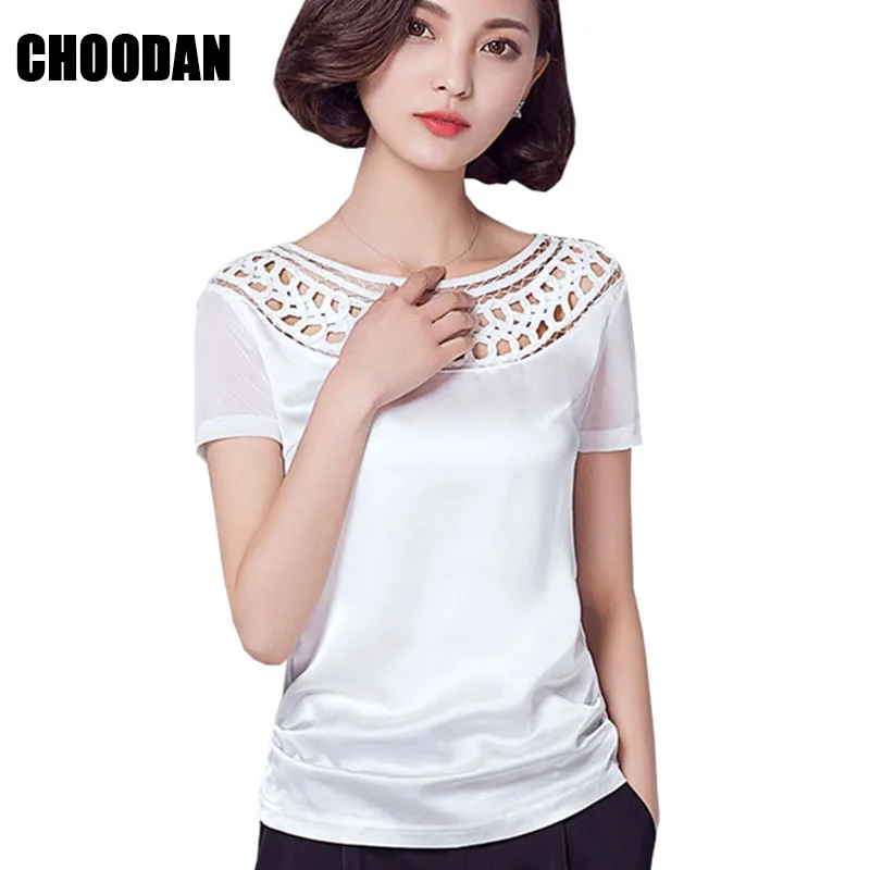 

Satin Blouse Shirt Mesh Patchwork Sexy Lace Hollow Out Women Shirts Short Sleeve 2017 Summer Korean Fashion Fitness Ladies Tops