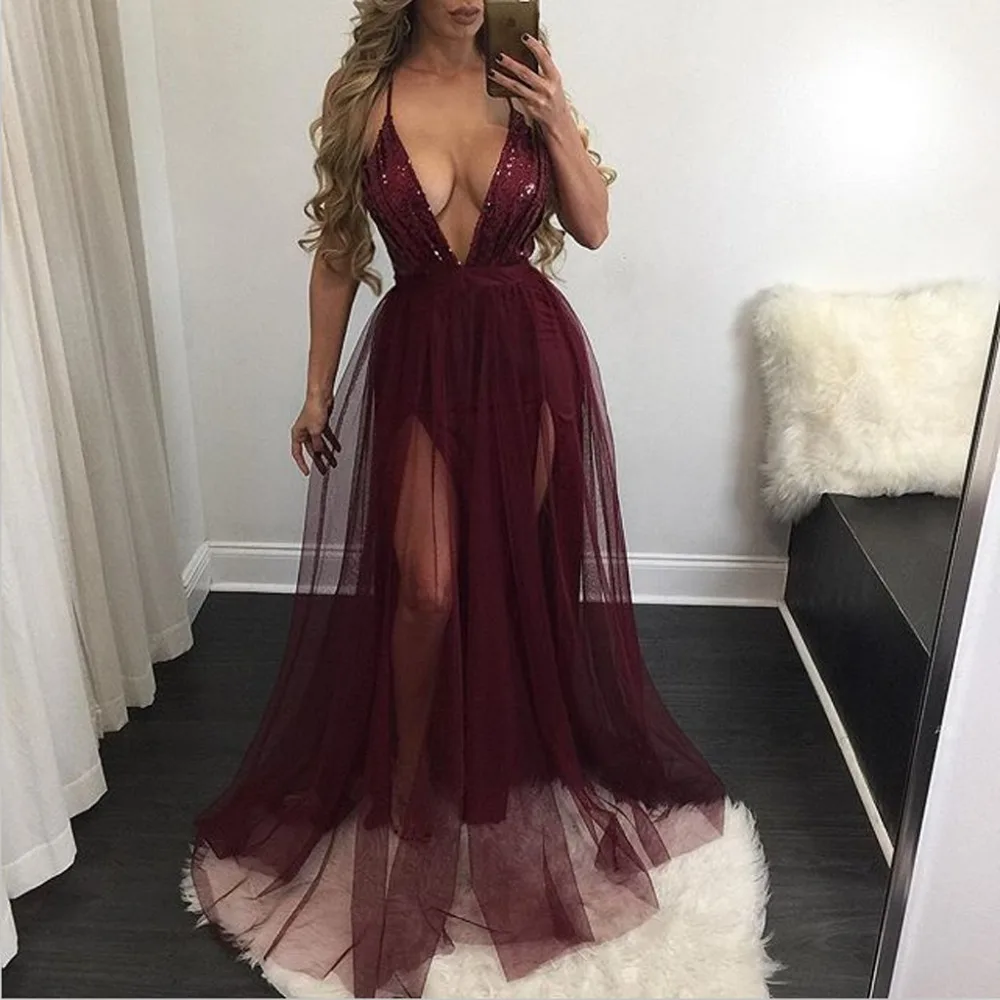 

Showy Wine Red Stitching Sequined Gauze A Line Women Dress Female Deep V Strap Spaghetti Mesh Party Maxi Dress Vestidos New