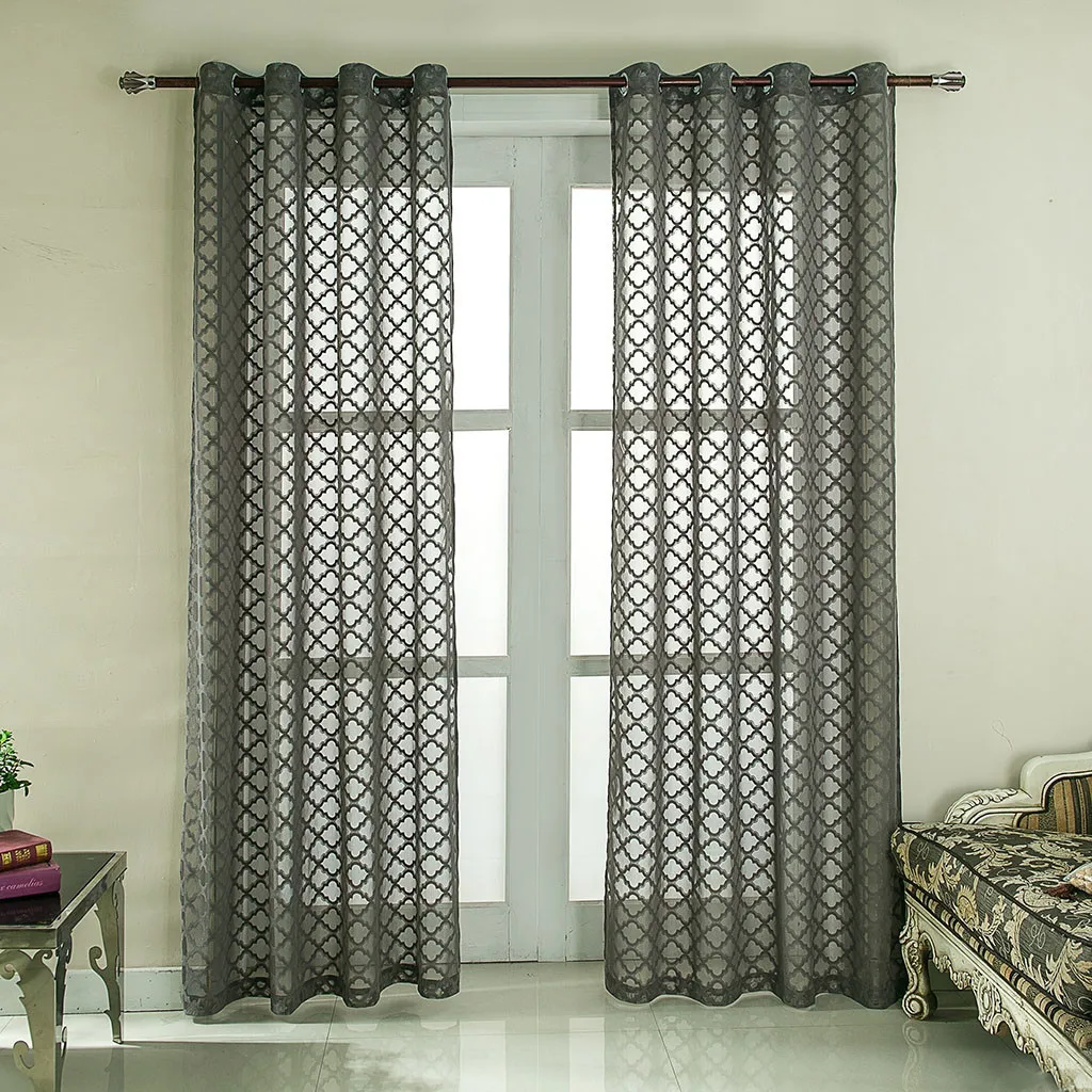 

1pcs Lace Geometric Fine Jacqu Tulle Window Drape Valance Panel Fabric Simple Curtain Grey perforated style L604