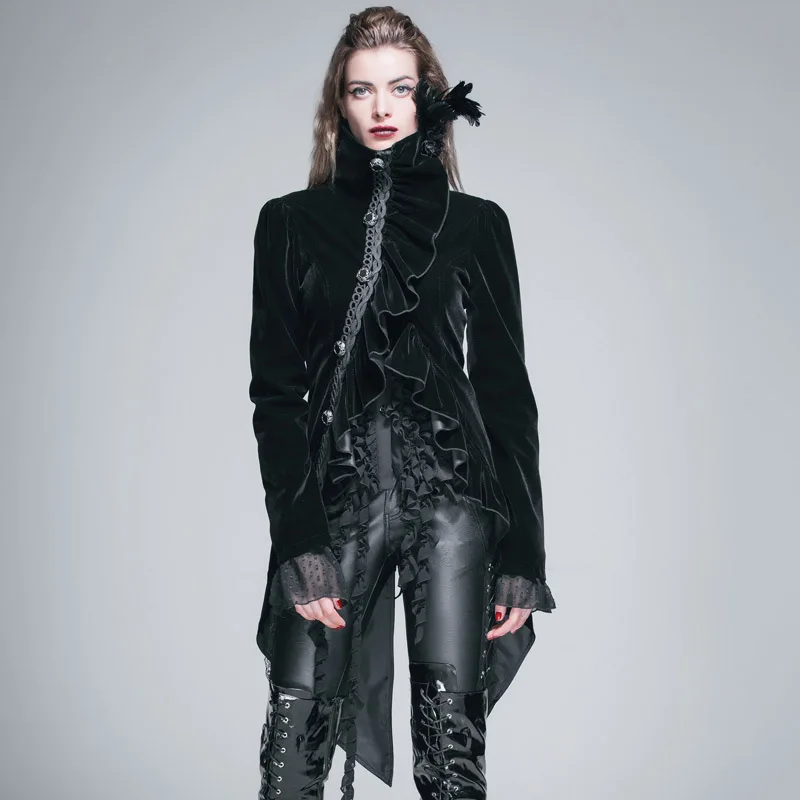 

Devil Fashion Steampunk Royal Palace Women Long Tailcoat Winter Gothic Female Aristocrat Costume Velvet Ladies Ruffle Jackets