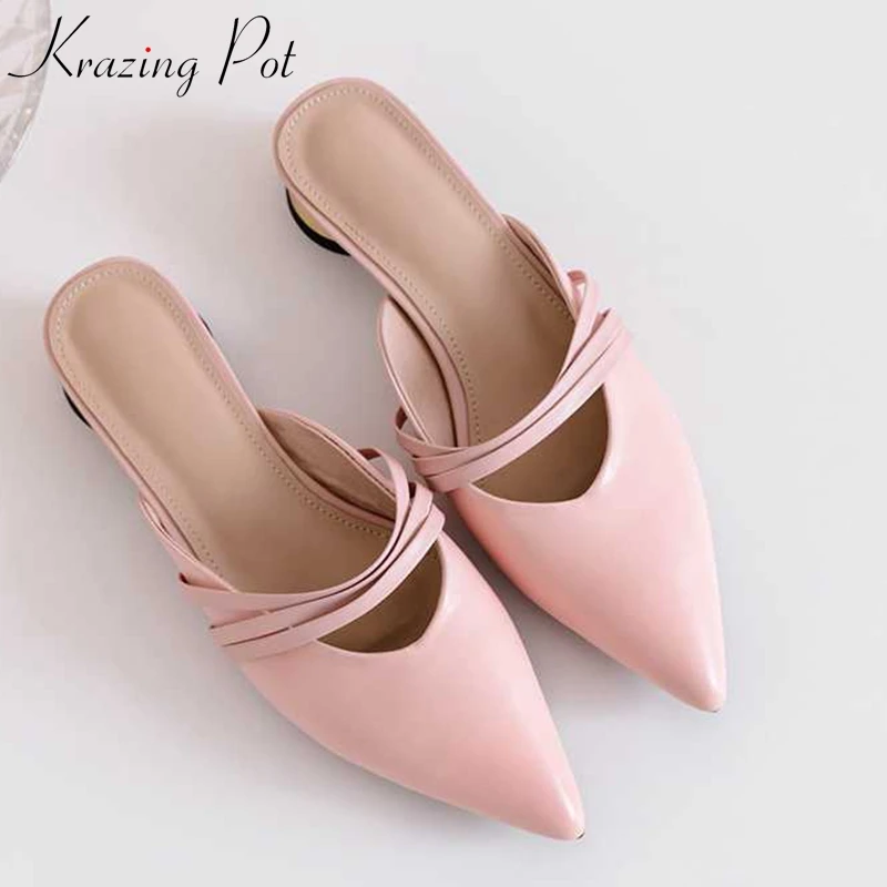 

Krazing pot full grain leather metal low heel pointed toe art concise design solid summer mules girls party leisure sandals L08