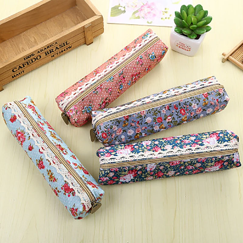 

1PCS Fresh Canvas Retro Style Lace Fringe Little Flower Dot Multi-function Zipper Pencil Bag Student Gift Stationery Storage Bag
