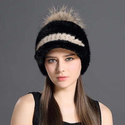 Модная утолщенная шапка, зимний стиль, норковый мех, вязание, натуральные животные, с милым колпачок для помпонов, пэчворк, цветная, крутая женская шапка - Цвет: Color 4