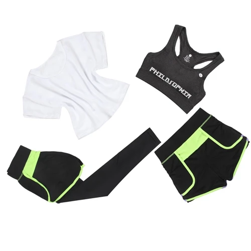 Женская Спортивная одежда для тренировок в тренажерном зале, штаны+ бюстгальтер+ шорты+ штаны, костюм из 4 предметов, одежда для йоги спортивный костюм, комплект - Цвет: Зеленый