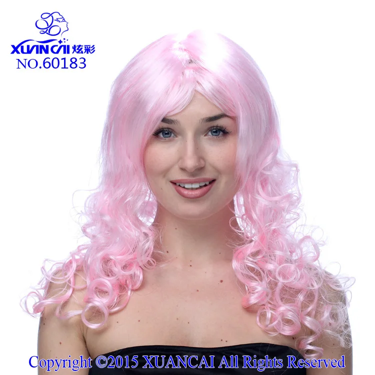 Free shipping Synthetic Women's Long Wigs Fancy Dress Curly Pink Long