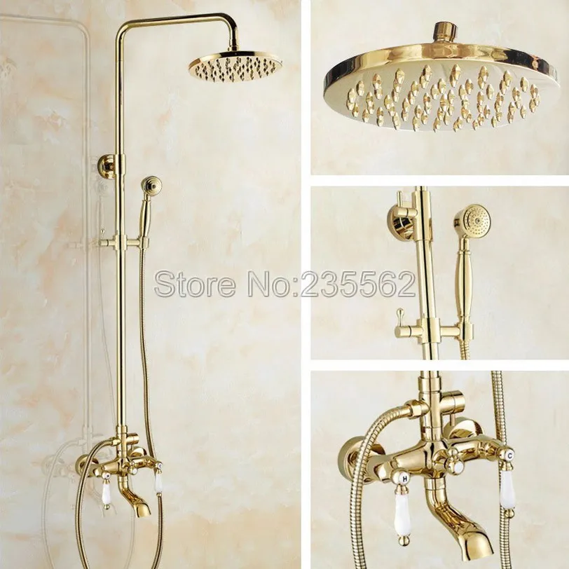 Golden Brass Bathroom Rain Shower System Hand Shower Head Tub Spout Set