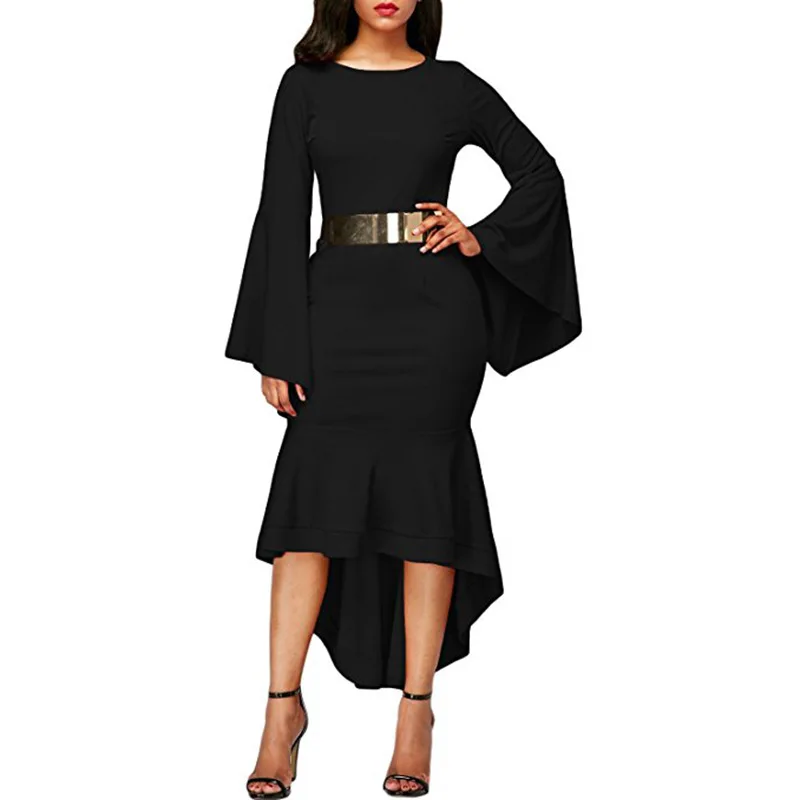 

HGTE Women Elegant Flare Trumpet Bell Sleeve vestidos Vintage Casual Work Office Party belt Bodycon Sheath Dress autumn winter