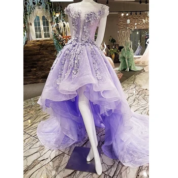 

High quality 3D lace & flowers high low short sleeves lilac prom-dresses lace_ net tulle side ribbons deep illusion neck