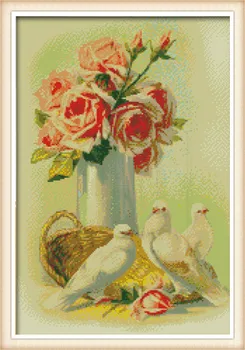

Needlework,11/14ct DIY Cross stitch,Sets For Full Embroidery kit,pink rose flower and pigeon counted Pattern Cross-Stitch Gift