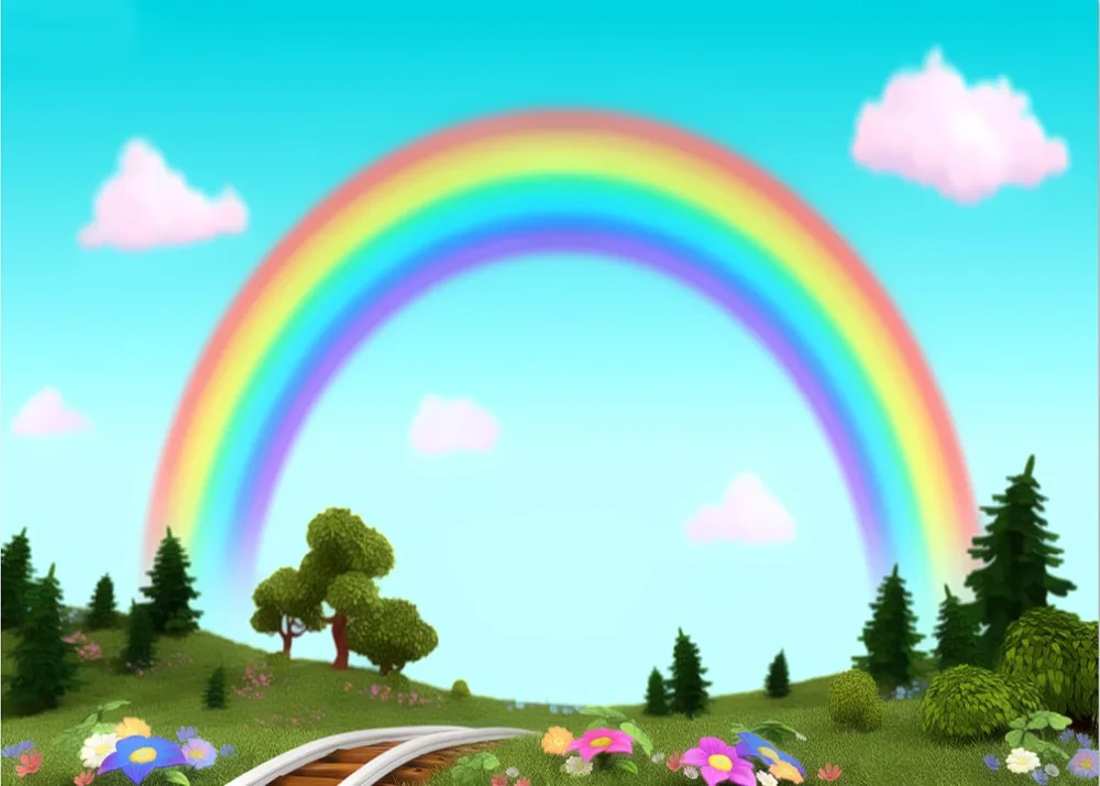 7 X5Ft Cartoon Clouds Rainbow Sky Pine Trees Green Garden Rail Track Custom Photo Studio Sfondo Sfondo Vinile 220Cm X 150Cm