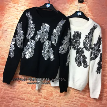 

Poncho Real Women Sweater 2018 Winter New Knit Bottom Coat Heavy Industry Sequins Bead Sets Of Sweaters Female Autumn And Loose