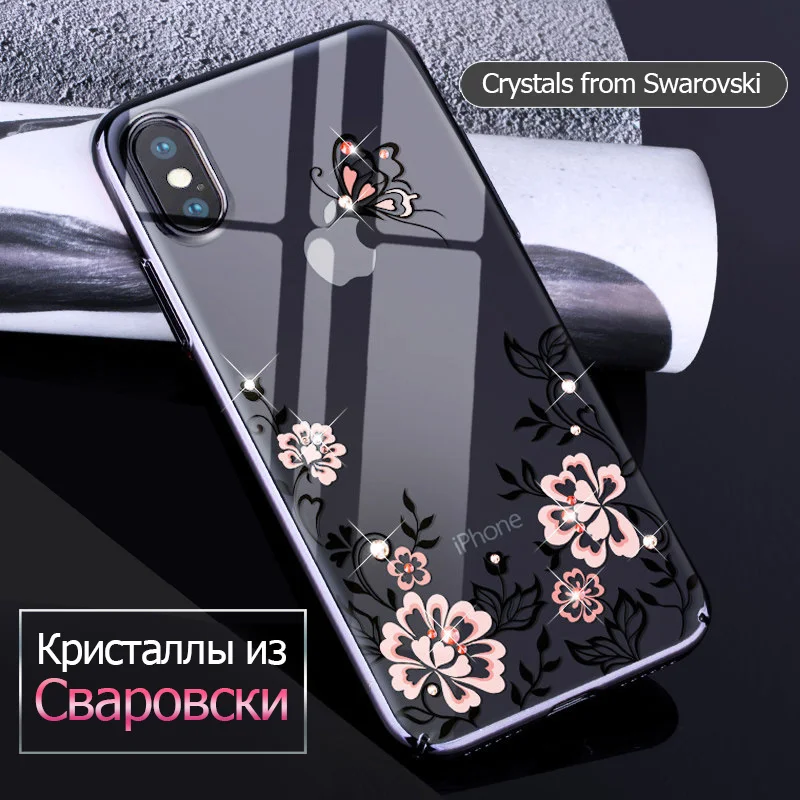 KINGXBAR Case for iPhone X Cover Swarovski Element Crystals 10 Flower Electroplating Transparent |