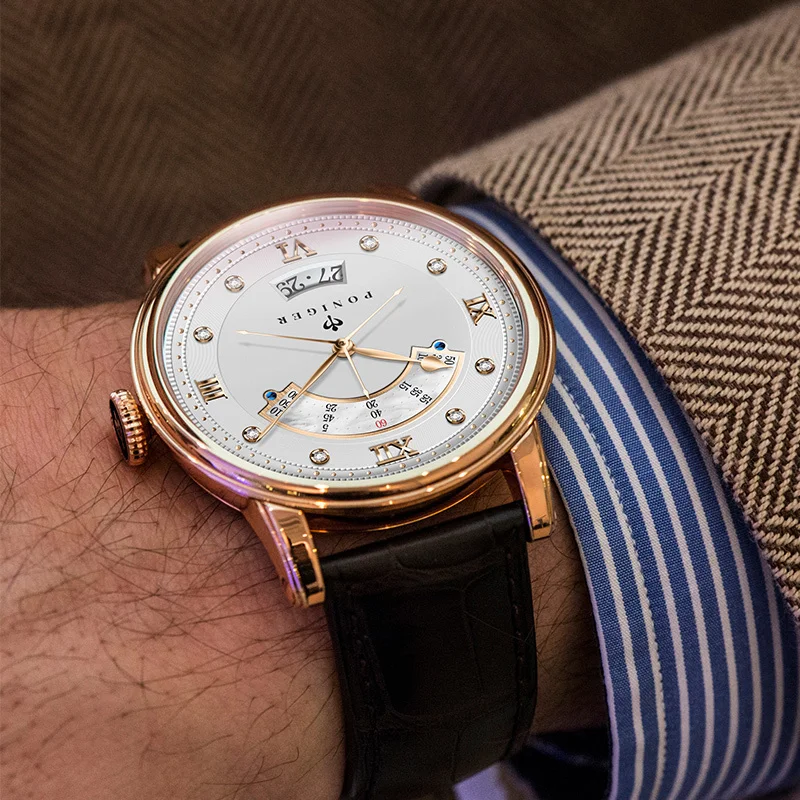  Switzerland Luxury Brand PONIGER Men's Watch Japan NH35A Automatic Mechanical MOVT Watches Men Doub