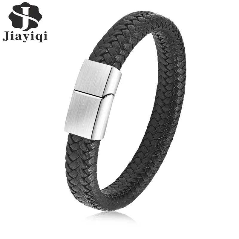 

Jiayiqi Men Braided Leather Bracelet Stainless Steel Magnetic Clasp Fashion Bangles Male Jewelry Brown/Black