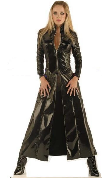 Details about   New Women Instyles Black Faux Leather PVC Long Gothic Coat Fancy Dress 