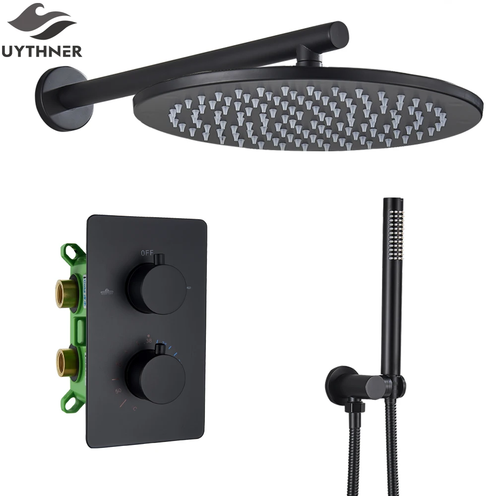 

Brass Black Thermostatic Shower Set Bathroom Faucet Wall Mounted Shower Mixer Handheld Spray Sets With 8-16" Rian Shower Head