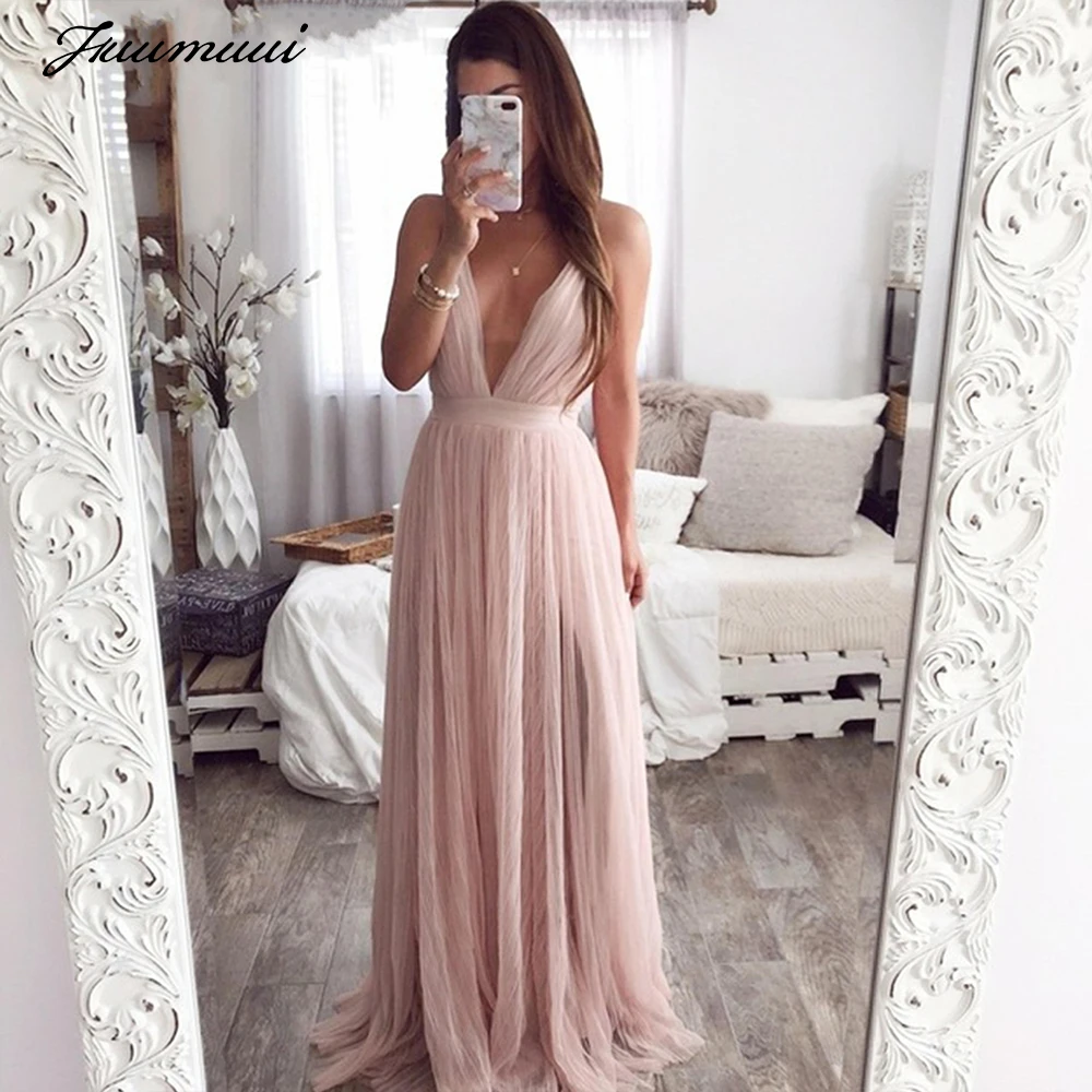 

Fuumuui Light Pink Elegant Women Sleeveless Dress Sexy Deep V-neck Backless Maxi Dress Evening Party Wedding Lady Long Dresses