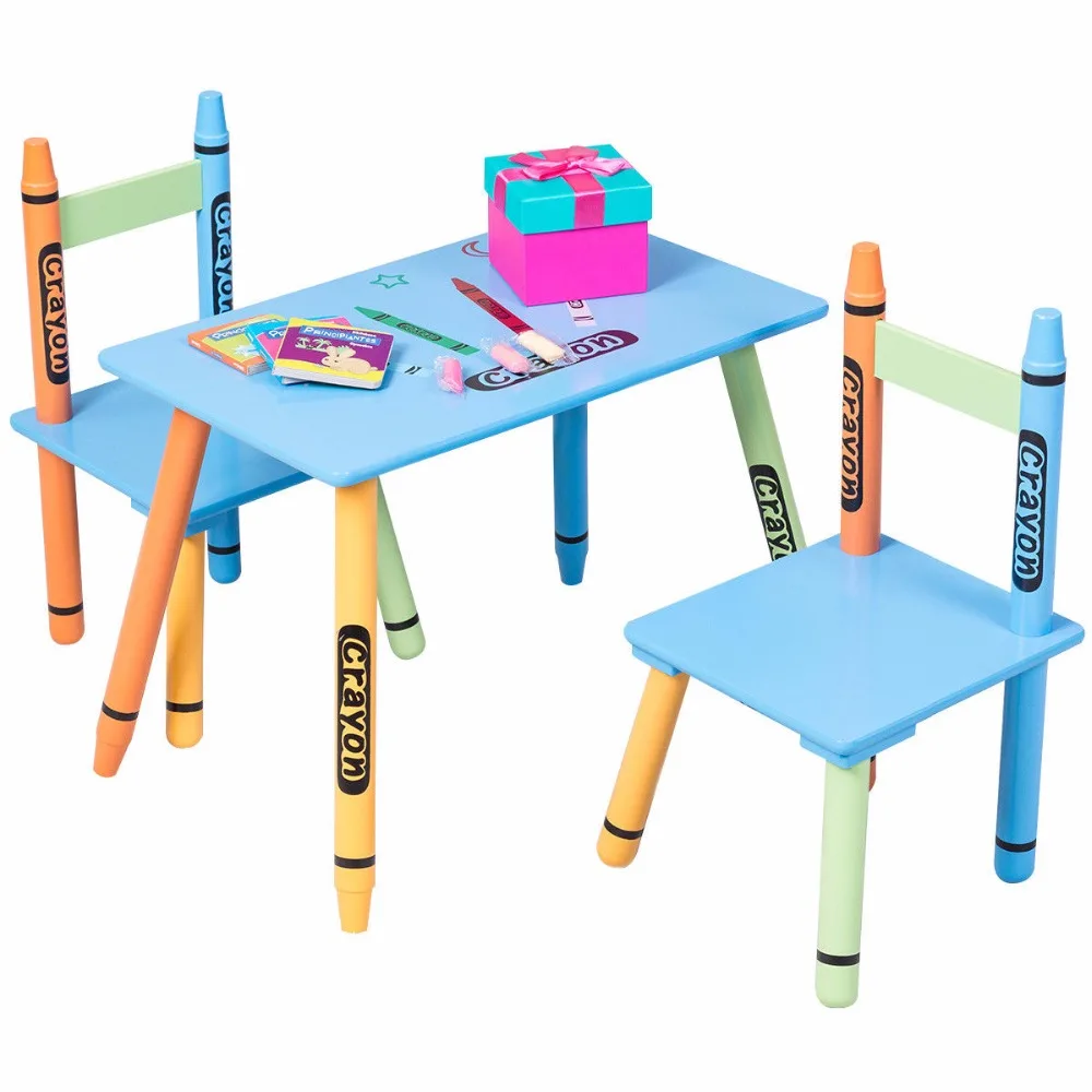 Giantex 3 Piece Crayon Kids Table & Chairs Set Wood Children Activity Playroom Furniture Colorful Kids Learning Tables HW56663