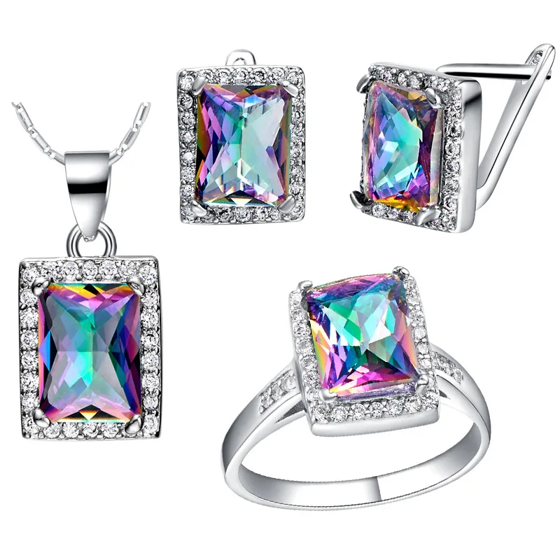 

Factory price wholesal Green gem & Genuine Mystic Fire Rainbow GEM Earrings Pendant Ring SET