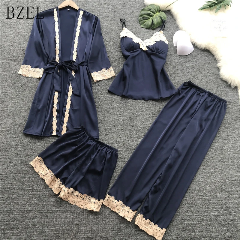 BZEL, атласная Шелковая пижама, Женский Пижамный костюм, сексуальная домашняя пижама, женская пижама, набор длинных брюк, халат, пижама из четырех частей
