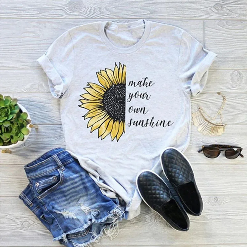 

Make Your Own Sunshine Letter Print Women T shirt Cute Sunflower Graphic Tees Casual T-shirt Harajuku Summer Female Vogue Tshirt