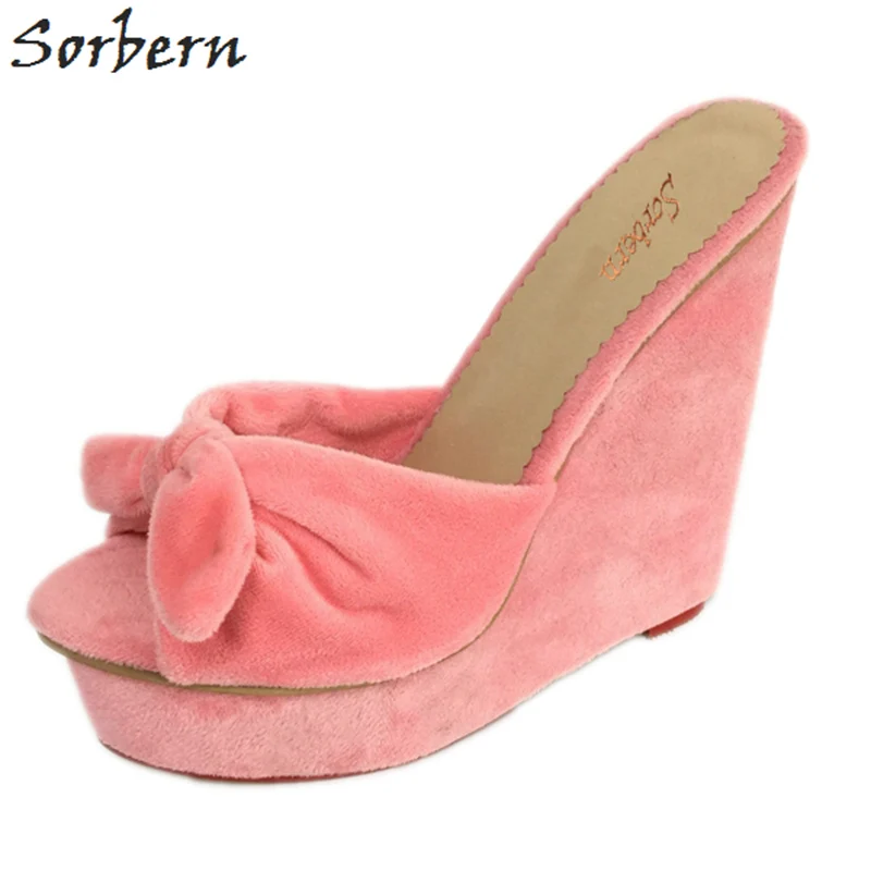 Sorbern Pink Platforms Bow Knot Women Slipper Open Toe Wedge Slides