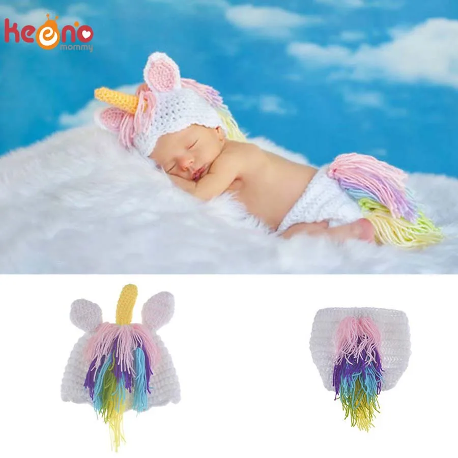 Crochet Baby Unicorn Photo Props Newborn Photography Prop Unicorn Hat and Diaper Cover Set Infant Halloween Costume 0-6M (2)