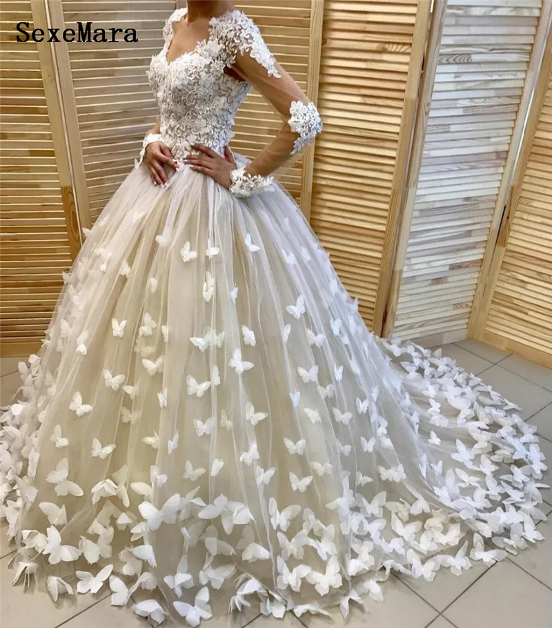 Свадебные платья Дубай vestido de noiva robe de mairee ручной работы бабочка кружева свадебное платье с длинным рукавом свадебные платья