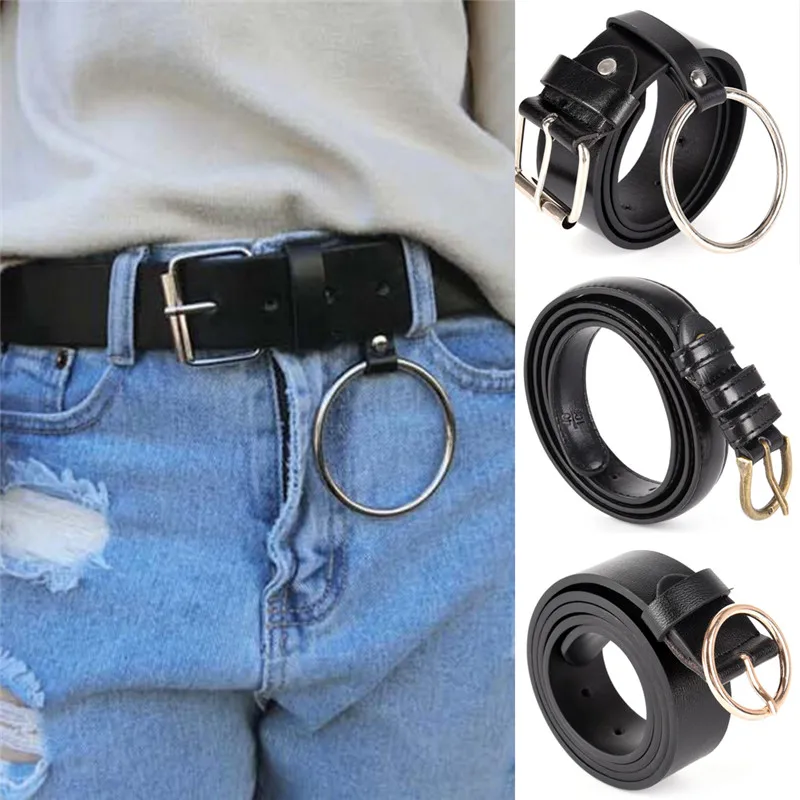 

Retro Women Waist Belt Large Metal Ring & Thin Waist Fringe Pu Leather Belt Hoop Unique