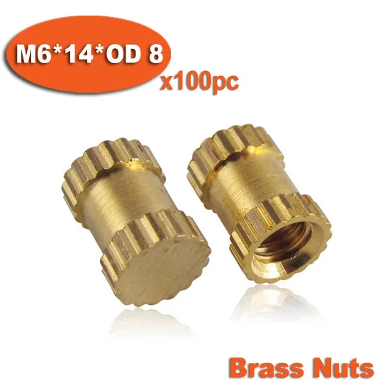 

100pcs M6 x 14mm x OD 8mm Injection Molding Brass Knurled Thread Inserts Nuts