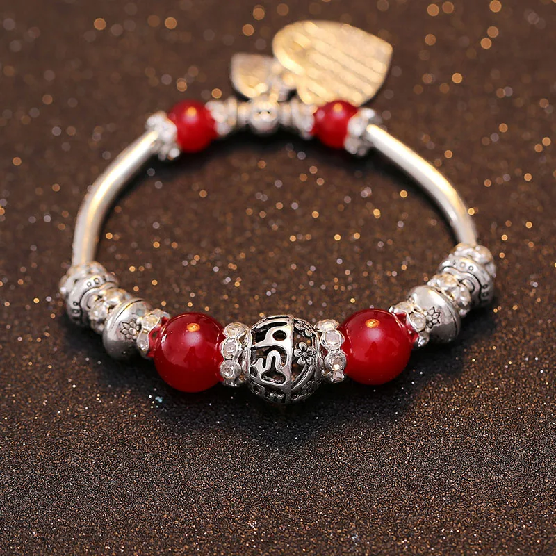 

Vintage Charm Bracelets Antique Silver Plated Metal Crystal Beads Charm Burgundy Red Color Round Stone Beads Bracelets for Women