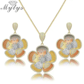 

Mytys Two Layers Flower Shape Difficult Craft Jewelry Sets Necklace Earrings 3 tones Gold Women Gorgeous Banquet Accessories