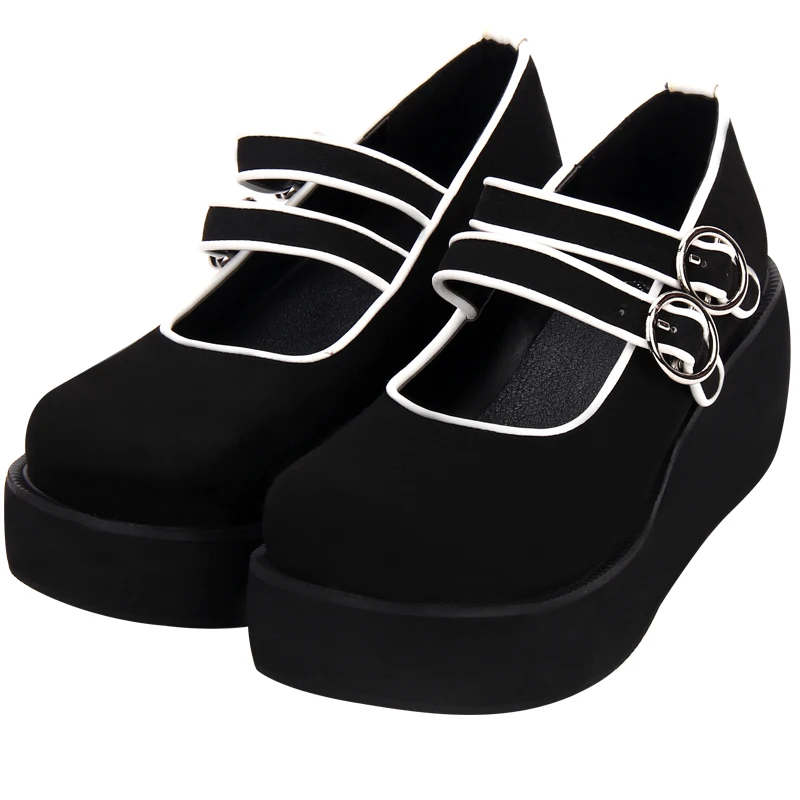 

US4-11 Lolita Belt Buckle High Wedge Heel Pumps Womens Shoes Platform Suede Leather Gothic Black Brown Cosplay Plus Size A1355