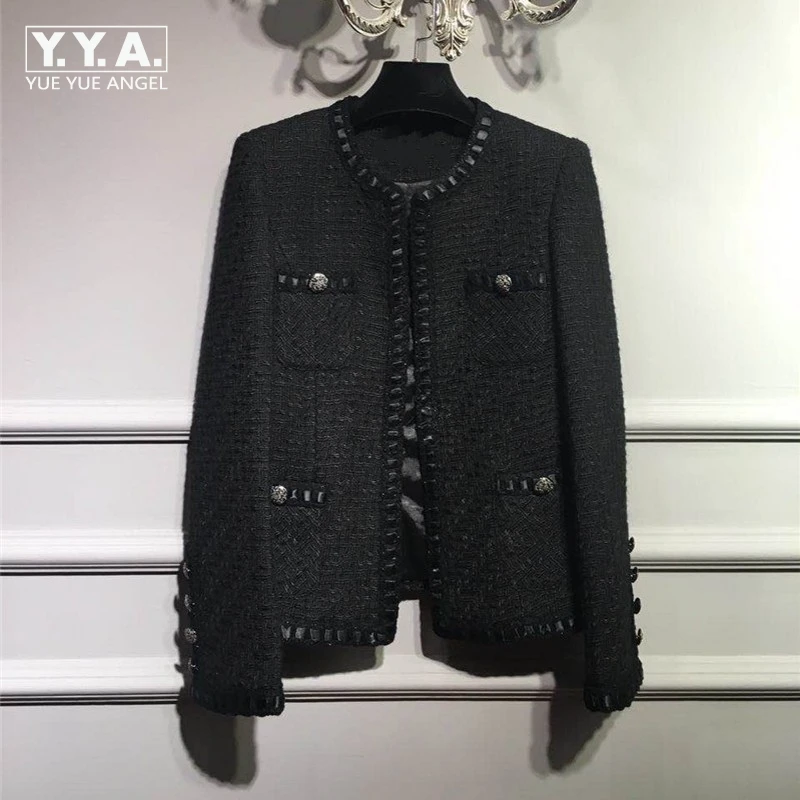 

2019 New Fashion Elegant Runway Luxury Black Tweed Cardigan Round Neck Long Sleeved Buttoned Cuffs Open Stitch Casaco Feminino